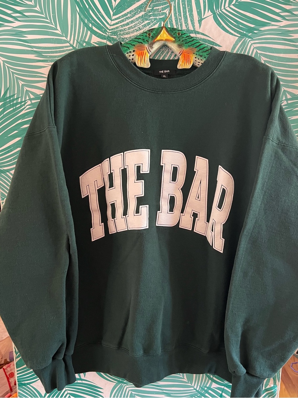 The Bar Varsity Sweatshirt in Hunter Green with White arched  Logo Sz XL